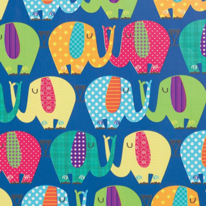 Papel de regalo Safari Infantil acabado estucado azul con elefantes de colores
