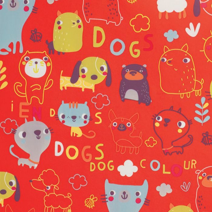 papel de regalo Perritos Divertidos acabado estucado rojo