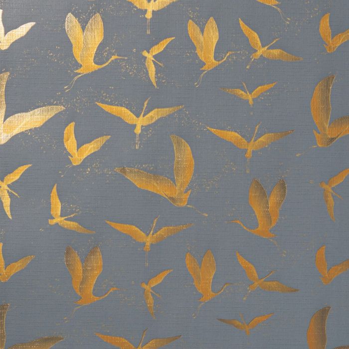 Papel de regalo Cielos Dorados acabado Gofrado gris azulado aves doradas