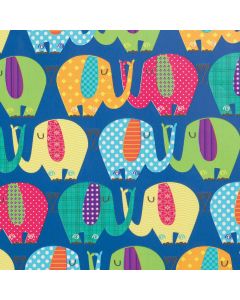 Papel de regalo Safari Infantil acabado estucado azul con elefantes de colores